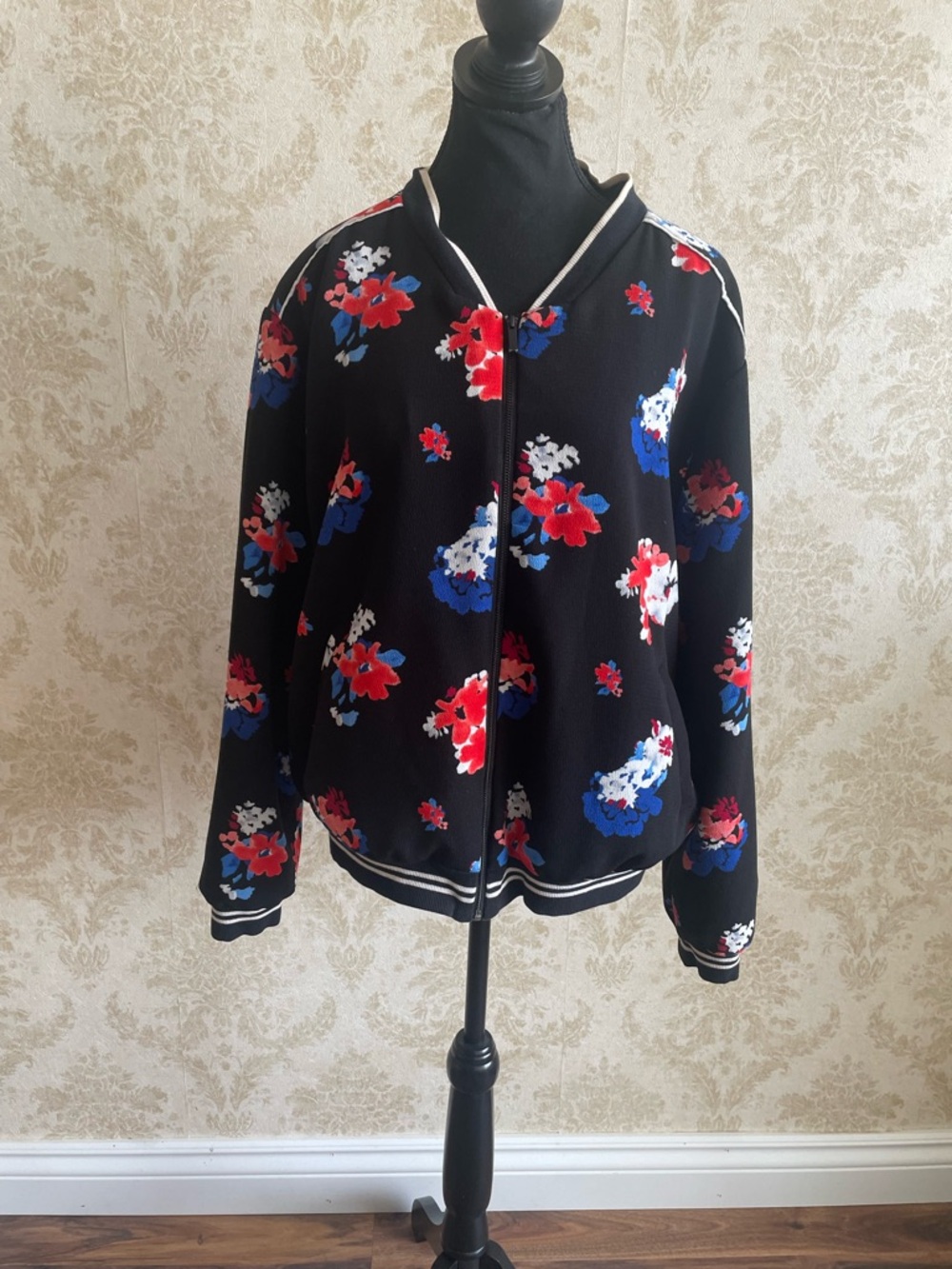 Vince Camuto Black Floral Zip Bomber Jacket with Red & Blue Accents